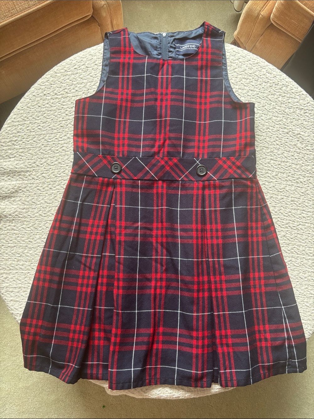 Lands' End Red and Navy Plaid Pinafore Dress